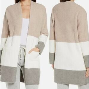 Barefoot Dreams CozyChic Colorblock Cardigan in Tan/White/Gray Stripe Size Med